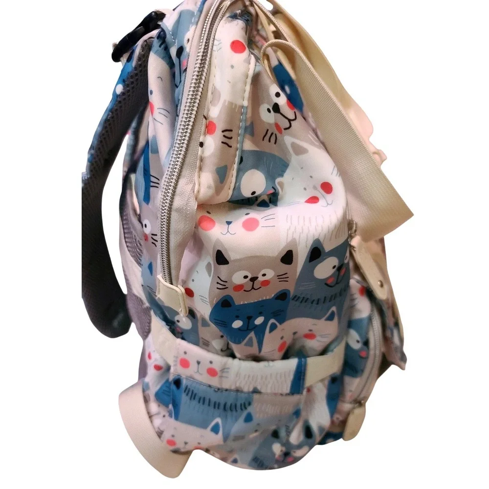 Diaper Bag Backpack Cat Print Blue Grey‎ White USB Charging Port Laprop Travel